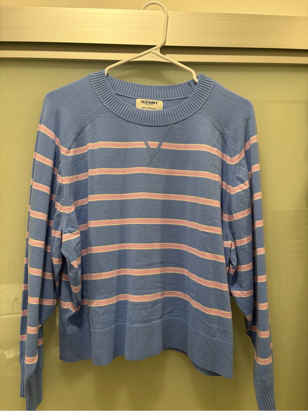 Old Navy Blue Crewneck Sweater with Pink and White Stripes